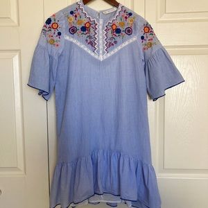 Zara Basics Blue White Striped Embroidered Lace Tiered Pink Yellow Shirt Blouse